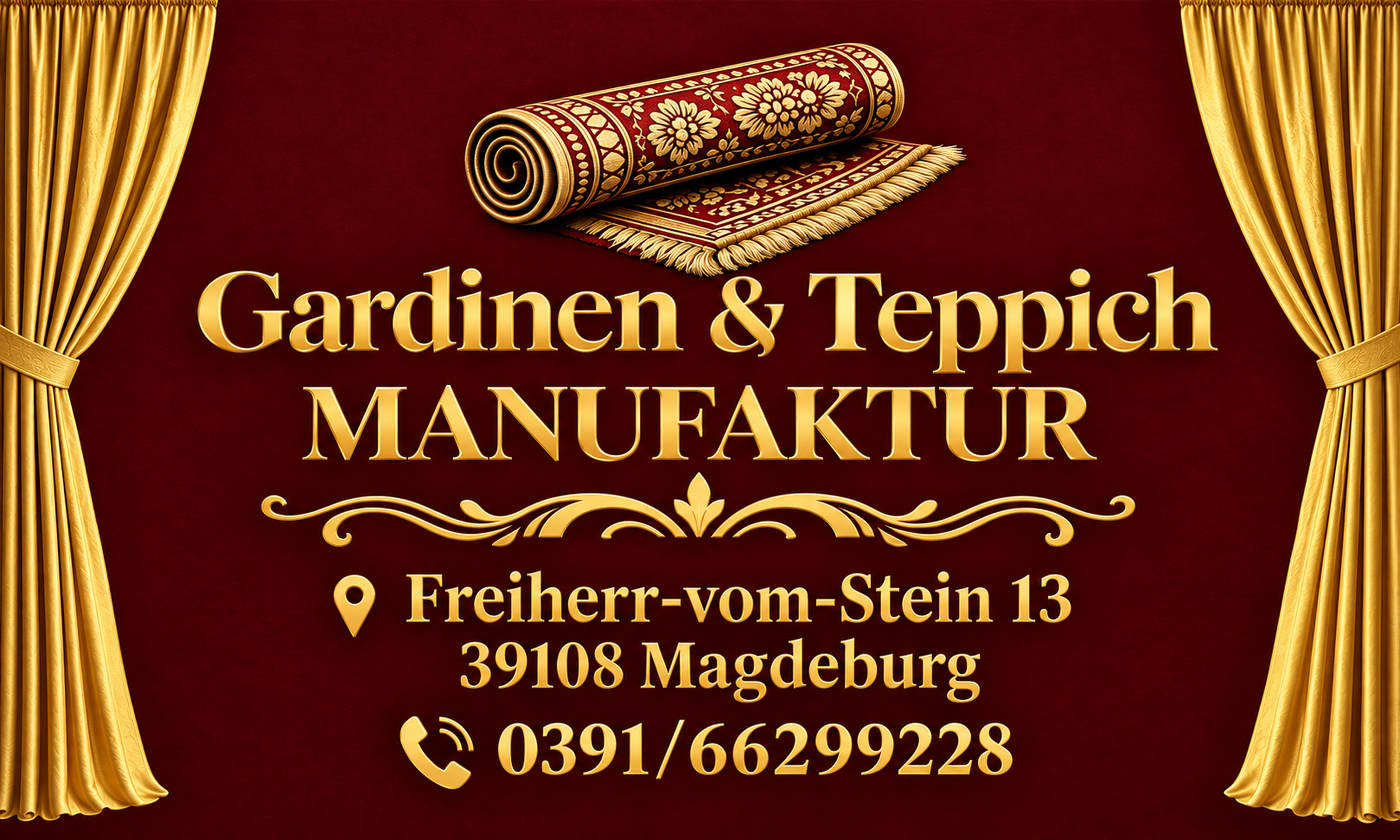 Gardinen & Teppich Manufaktur Magdeburg – Logo mit Adresse und Telefonnummer